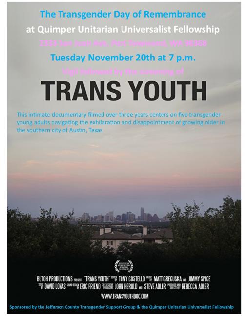 Poster of pink and blue skies about trees. Words "Transgender Day of Remembrance with film Trans Youth." November 20, 2018 7pm. Vigil followed by film viewing.