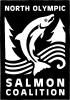A black and white cartoon image of a salmon jumping out of the river. An evergreen tree is on each side of the jumping salmon. Text says North Olympic Salmon Coalition.